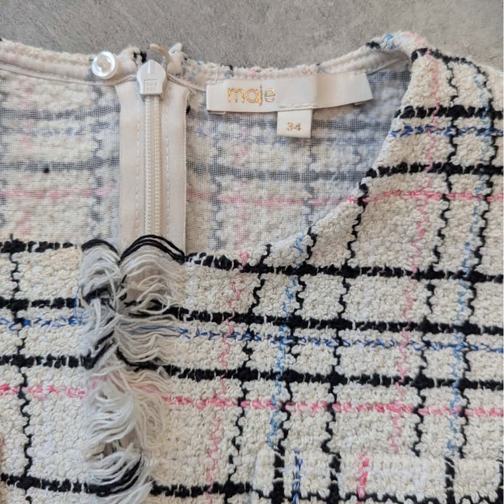 Maje Rianey Tweed Dress Size 34 Cream Plaid Fringe - Anthropologie dress - Picture 6 of 12